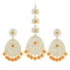 Ijewelora Gold Plated Filigree Earrings & Maang Tikka Set with Orange Beads for Women – Wedding, Haldi & Party Wear Traditional Jewellery | Festive Gift for Her
